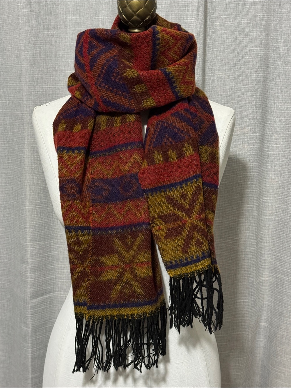 Vintage Wool Scarf-Maroon/Olive/Blue-Fringe